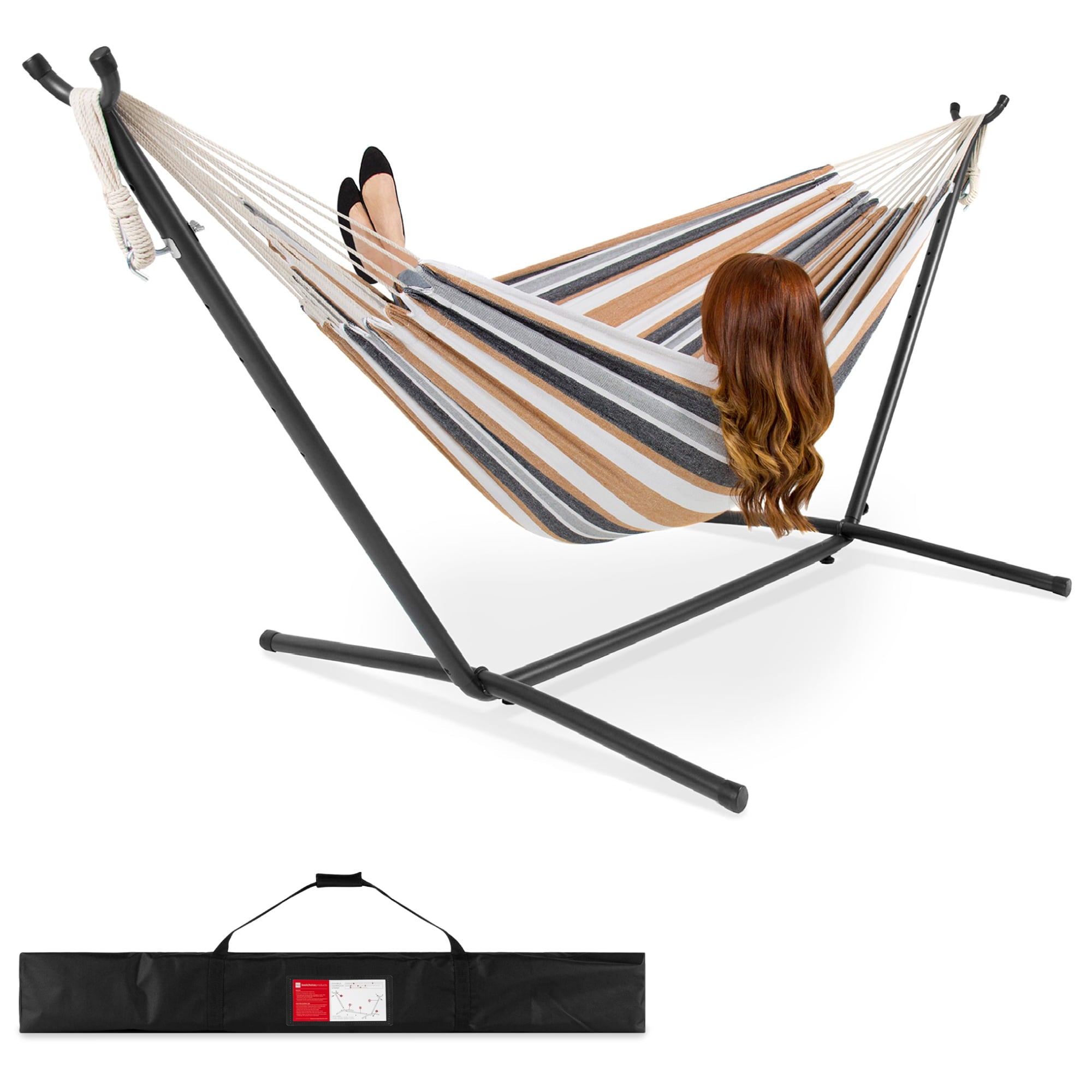 Best Choice Products 2-Person Brazilian-Style Cotton Double Hammock with Stand Set w/ Carrying Bag - Desert Stripes