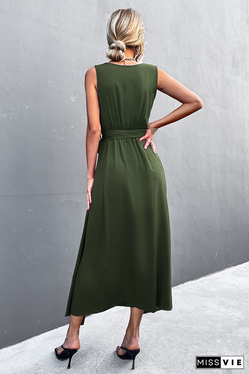 V-neck Cross-tie Sleeveless Slit Dress Wholesale