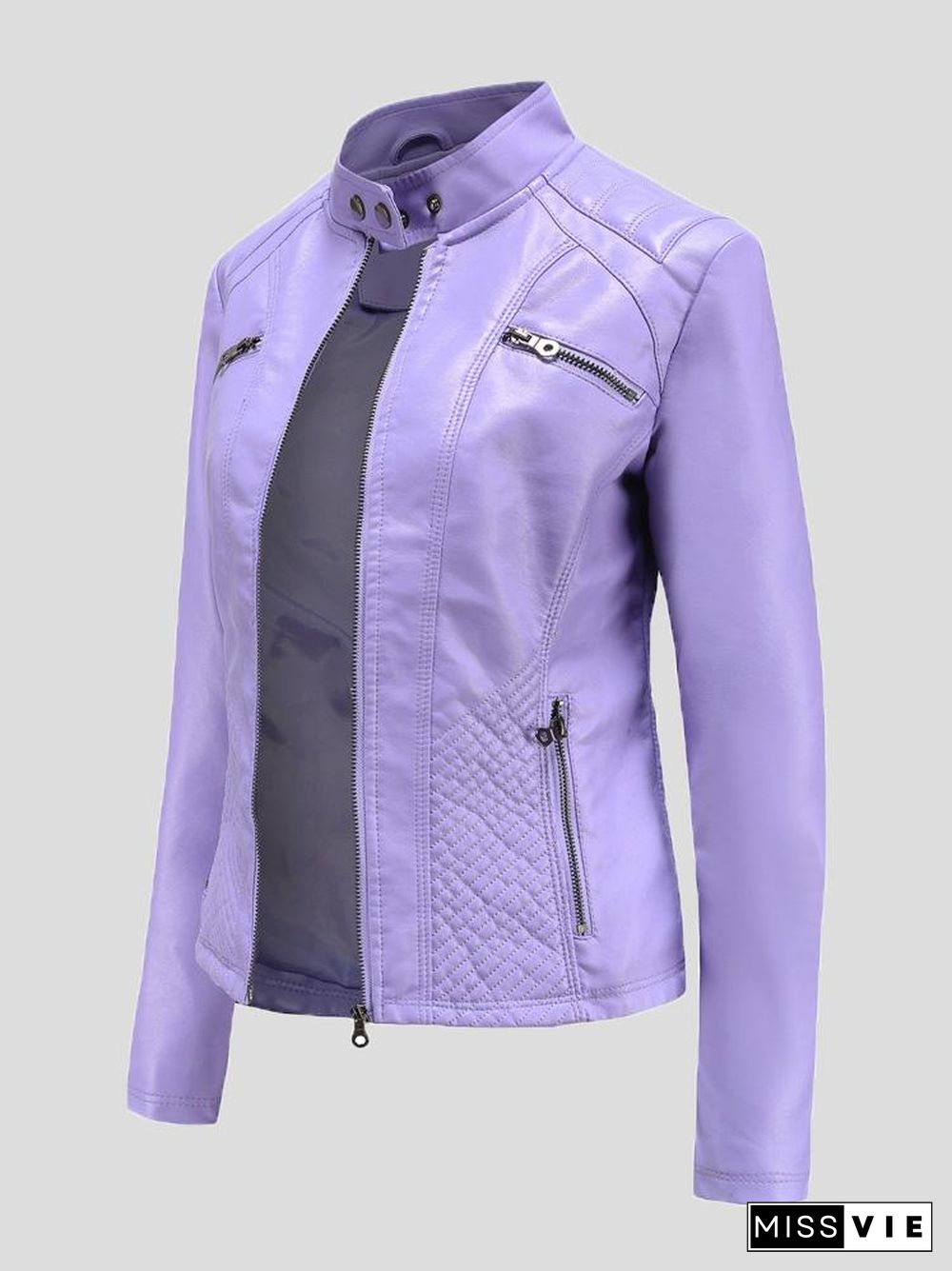 Women's Jackets Casual Stand-Collar Slim Solid Leather Jacket