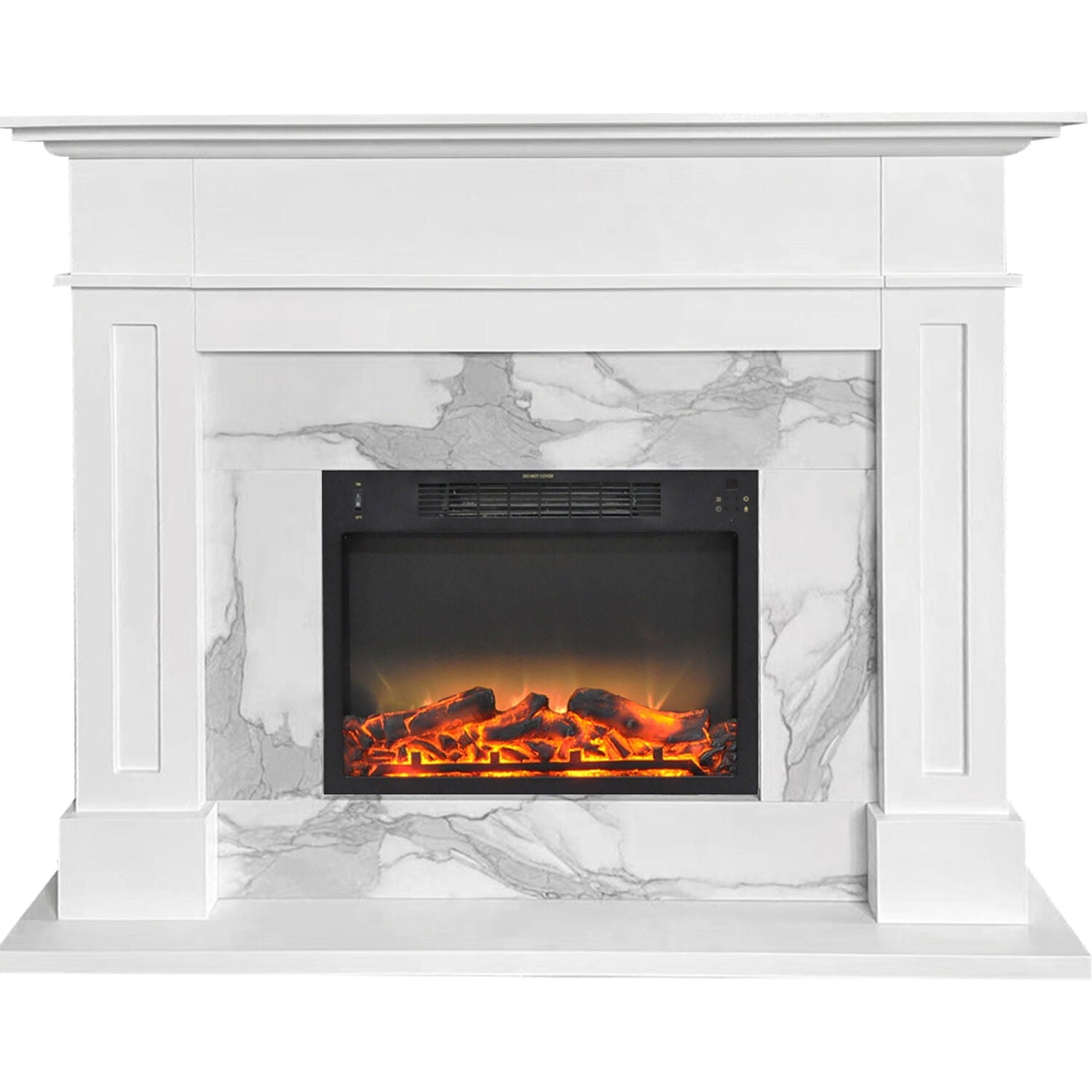 Sofia Cambridge 57-In. Modern Electric Fireplace Mantel with Faux Charred Log Display Insert and Remote Control | White Faux Marble | Heating for Living Room, Dining Room, Bedrooms up to 210 Sq.Ft.