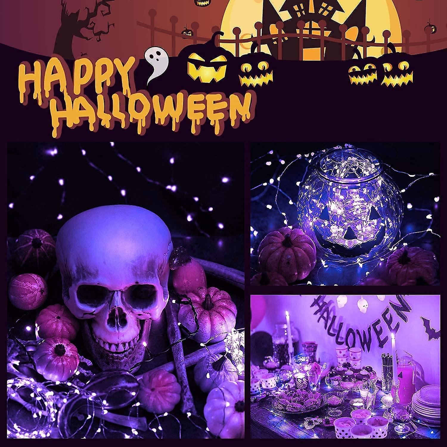 Solar Fairy Lights Set Of 2 Purple Halloween Solar Lights， Waterproof， 20m Each， 200 Leds， 8 Modes Copper Wire Lights For Halloween Decoration