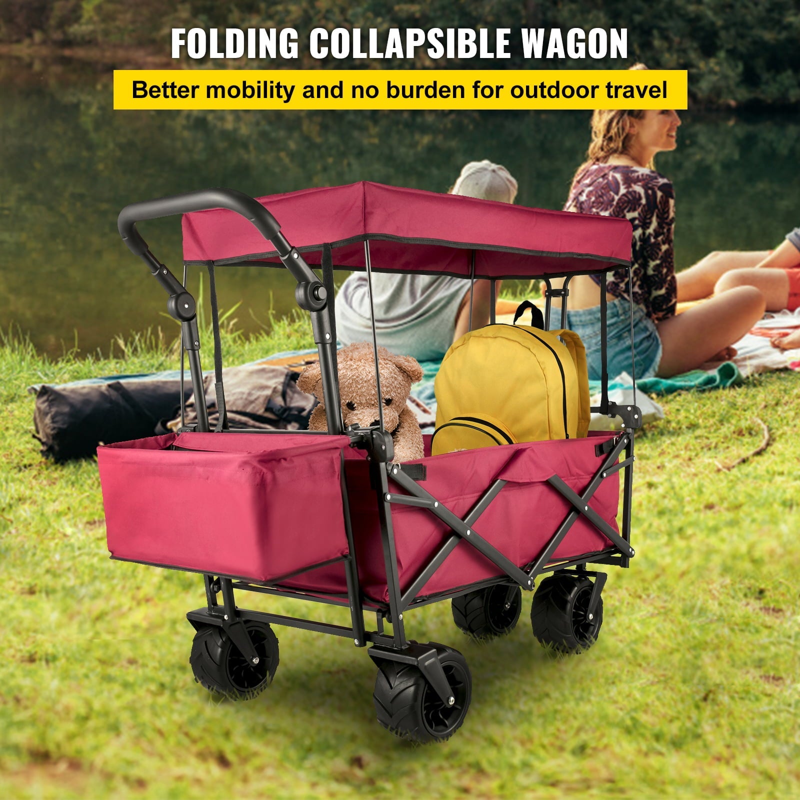 VEVORbrand Collapsible Wagon Cart Red, Foldable Wagon Cart Removable Canopy 601D Oxford Cloth, Collapsible Wagon Oversized Wheels, Portable Folding Wagon Adjustable Handles, Beach, Garden, Sports