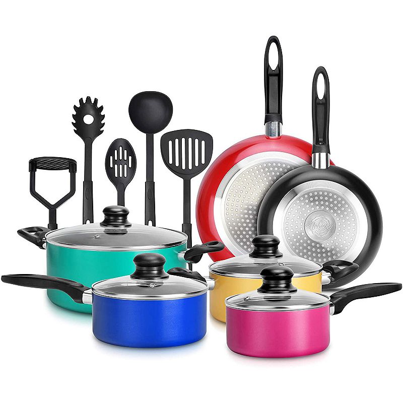 Nutrichef 15 Piece Nonstick Kitchen Pots Pans Utensils Cookware Set， Multicolor