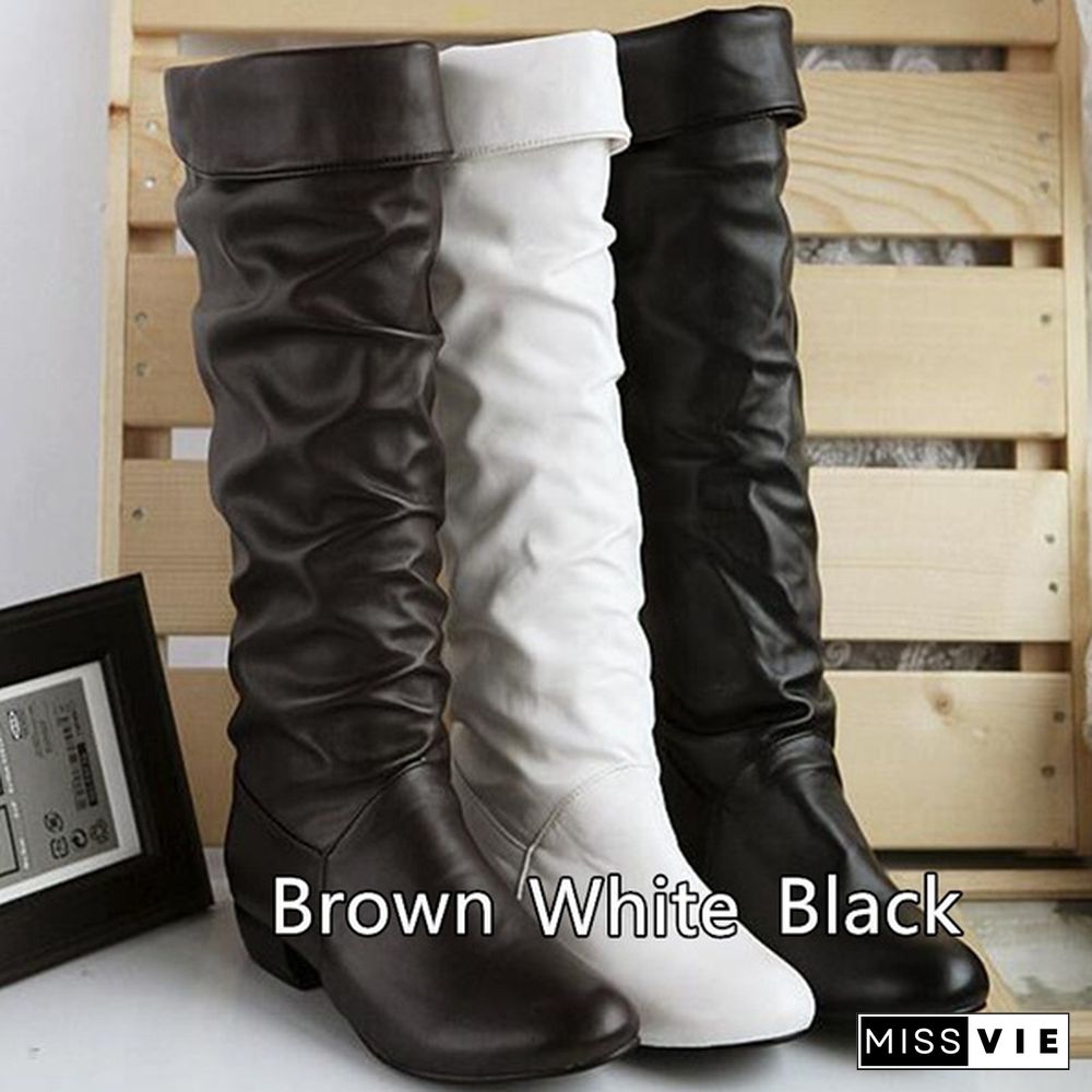 Women's Fashion Winter Long Boots Knee High Boots Low Heel Leather Boots Plus Size 35-43(Please Buy Bigger Size Than Usual)