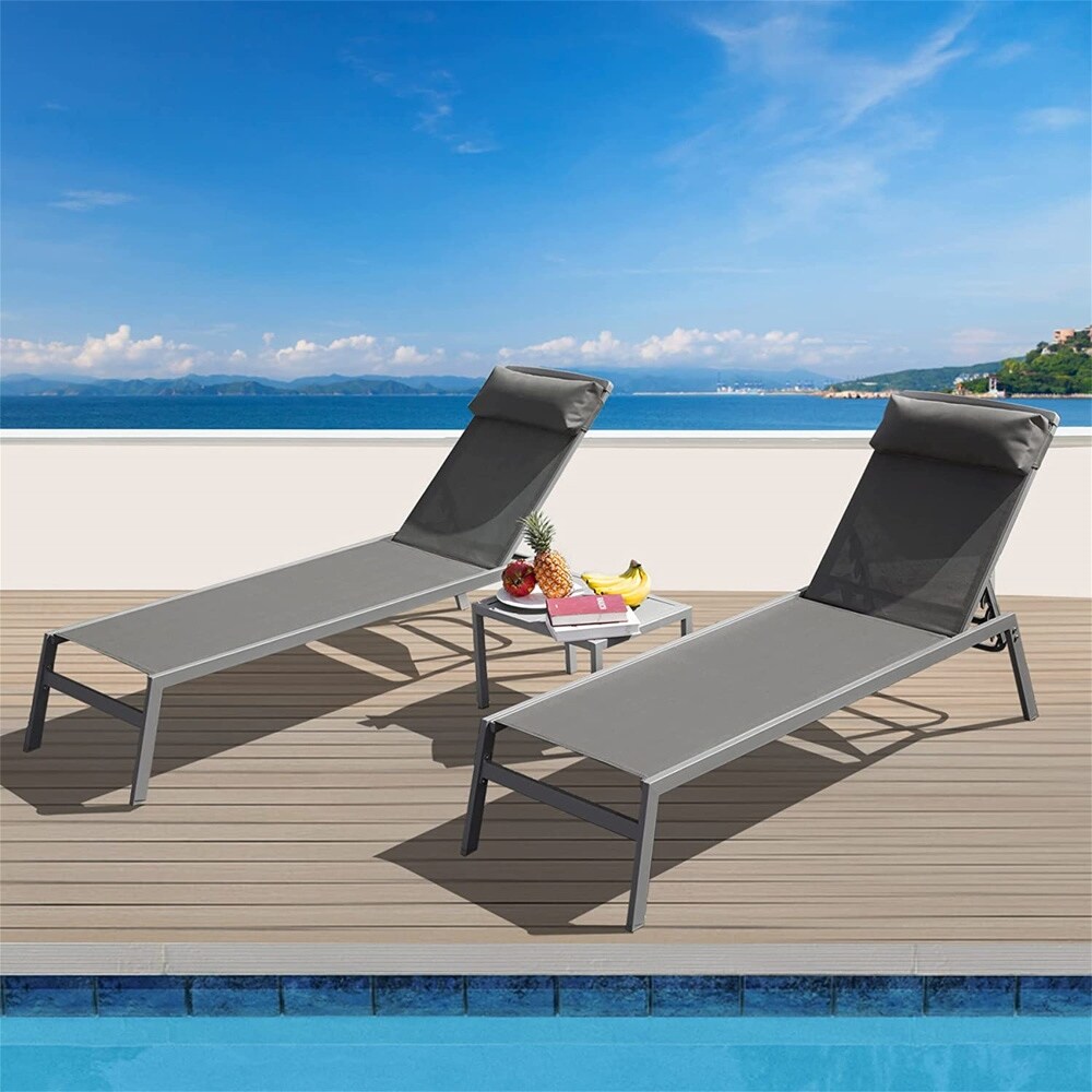 3 Piece Outdoor Chaise Lounge with Headrest 5 Adjustable Position