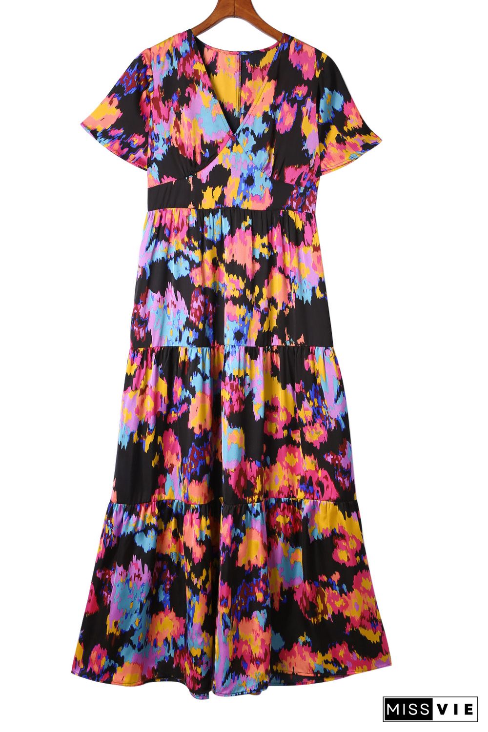 Black Abstract Floral Pattern Flutter Sleeve Tiered Maxi Dress