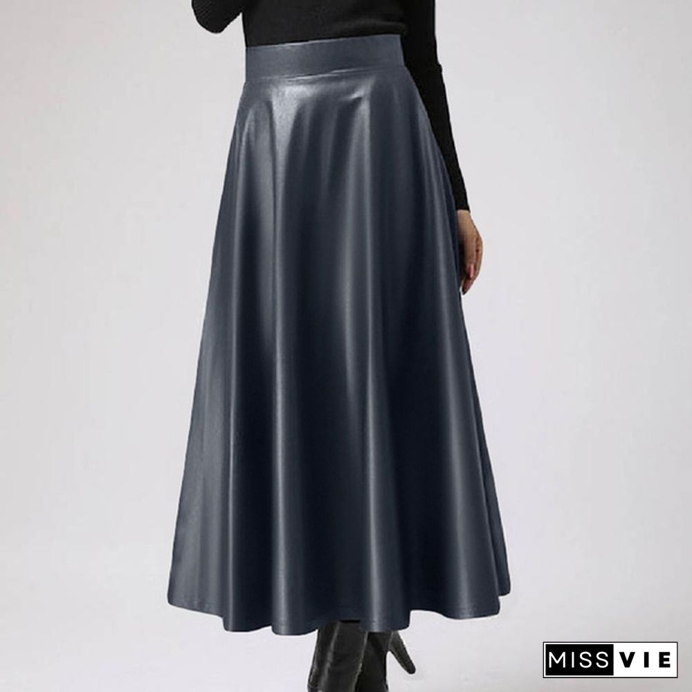 Women Pu Leather Maxi Skirt Autumn Winter Long Dress High Waist Party Casual Umbrella Skirt Plus Size Clothes