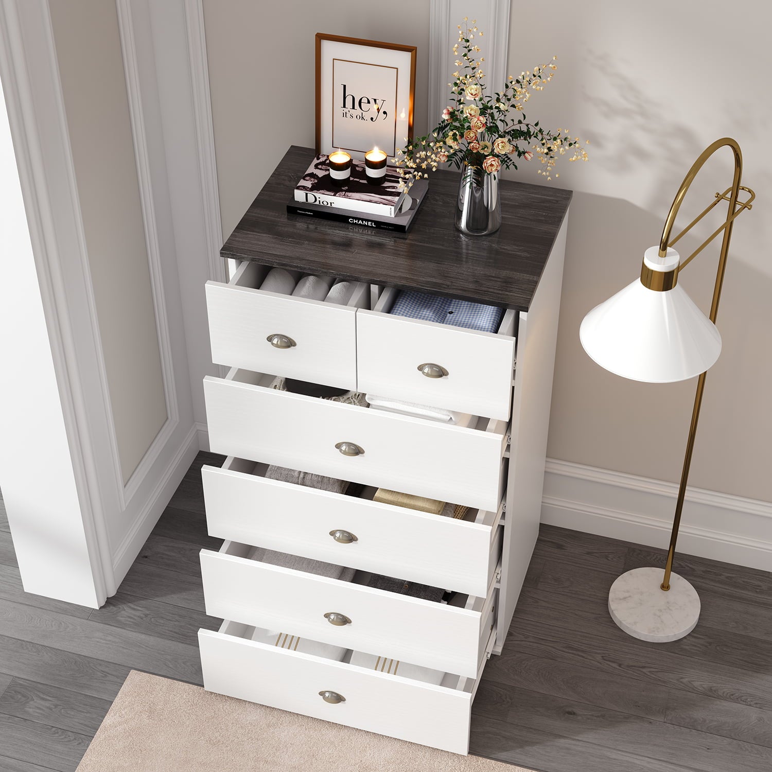 White Chest of Drawers with Locks on 2-Top Chest of Drawers, 6 - Drawer Dresser