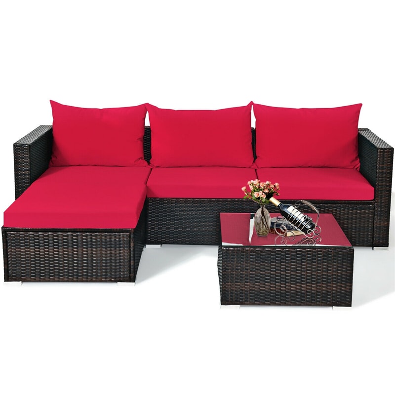 Canada Only - 5 Pcs Rattan Patio Sectional Furniture Set with Cushions & Coffee Table