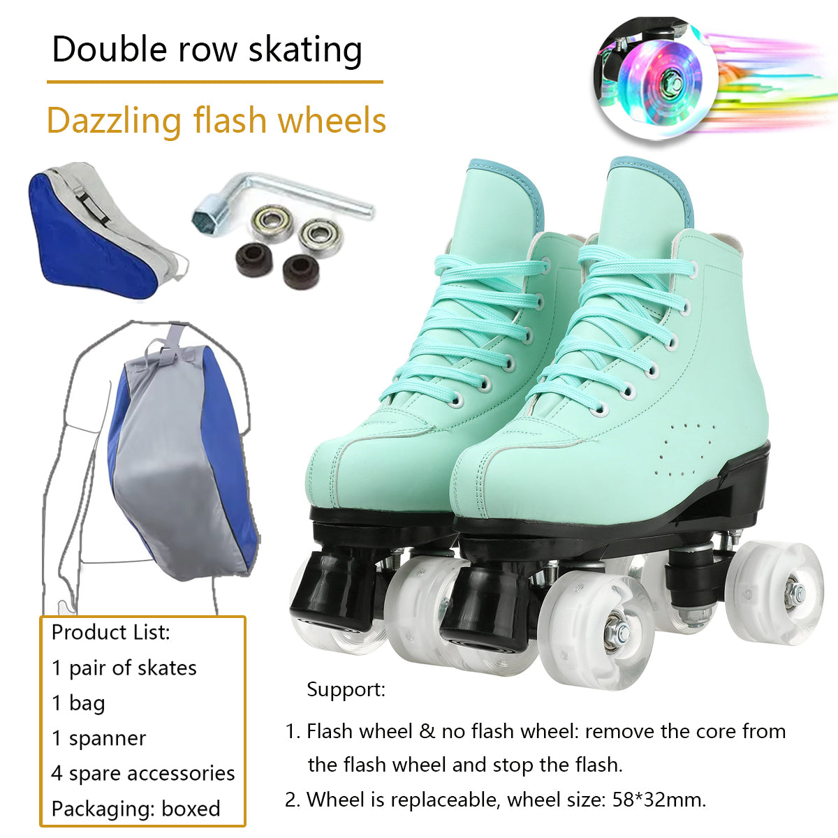 Classic Roller Skates for Women Cozy High-top Skates Indoor Outdoor Beginner Solid Color Roller Skates Shiny Wheels Skates， Green， 7