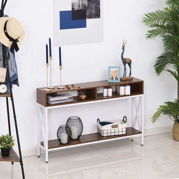 HOMCOM Industrial Style Entryway Console Table Desk with Shelf for Living Room， or Bedroom， Walnut Wood Grain