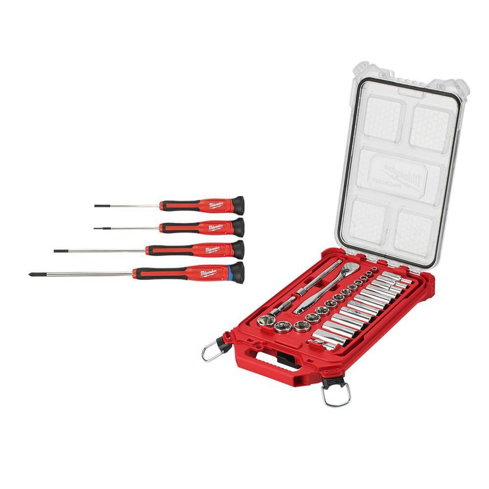 MW 4-Piece Precision Screwdriver Set  38 in. Drive SAE Ratchet and Socket Mechanics Tool Set with PACKOUT Case (32-Piece) 48-22-2604-48-22-9481