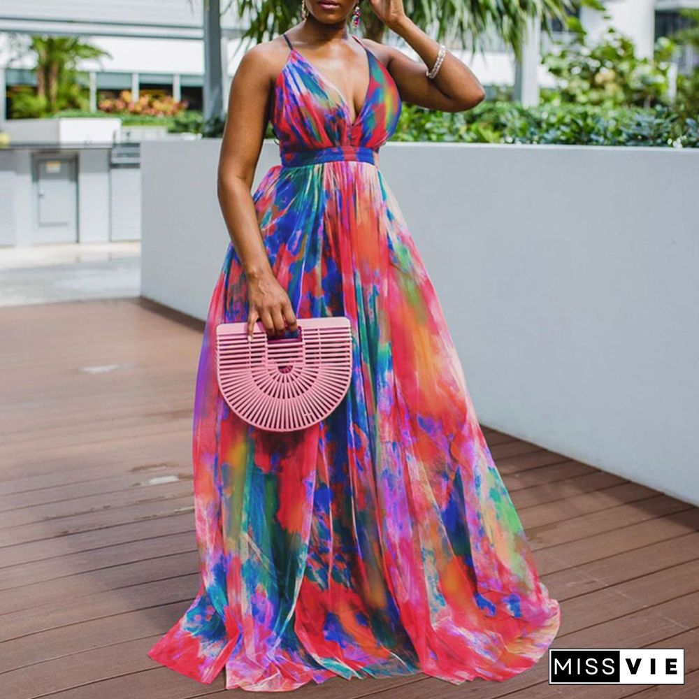 Fashion Elegant Sleeveless Sling Party Dress Sexy Deep V Backless Lady Maxi Dresses Casual Tie-Dye Print Women Beach Long Dress