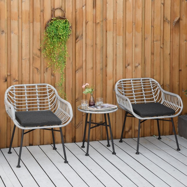 Outsunny 3 piece Patio Rattan Chair And Table Furniture Set Outdoor Bistro Set With Two Chairs And Coffee Table For Garden Or Backyard