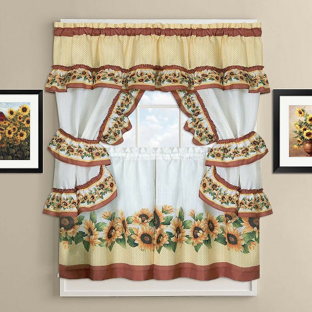 Kate Aurora Chevron Sunflower Complete Cottage Kitchen Curtain Tier amp Valance Set