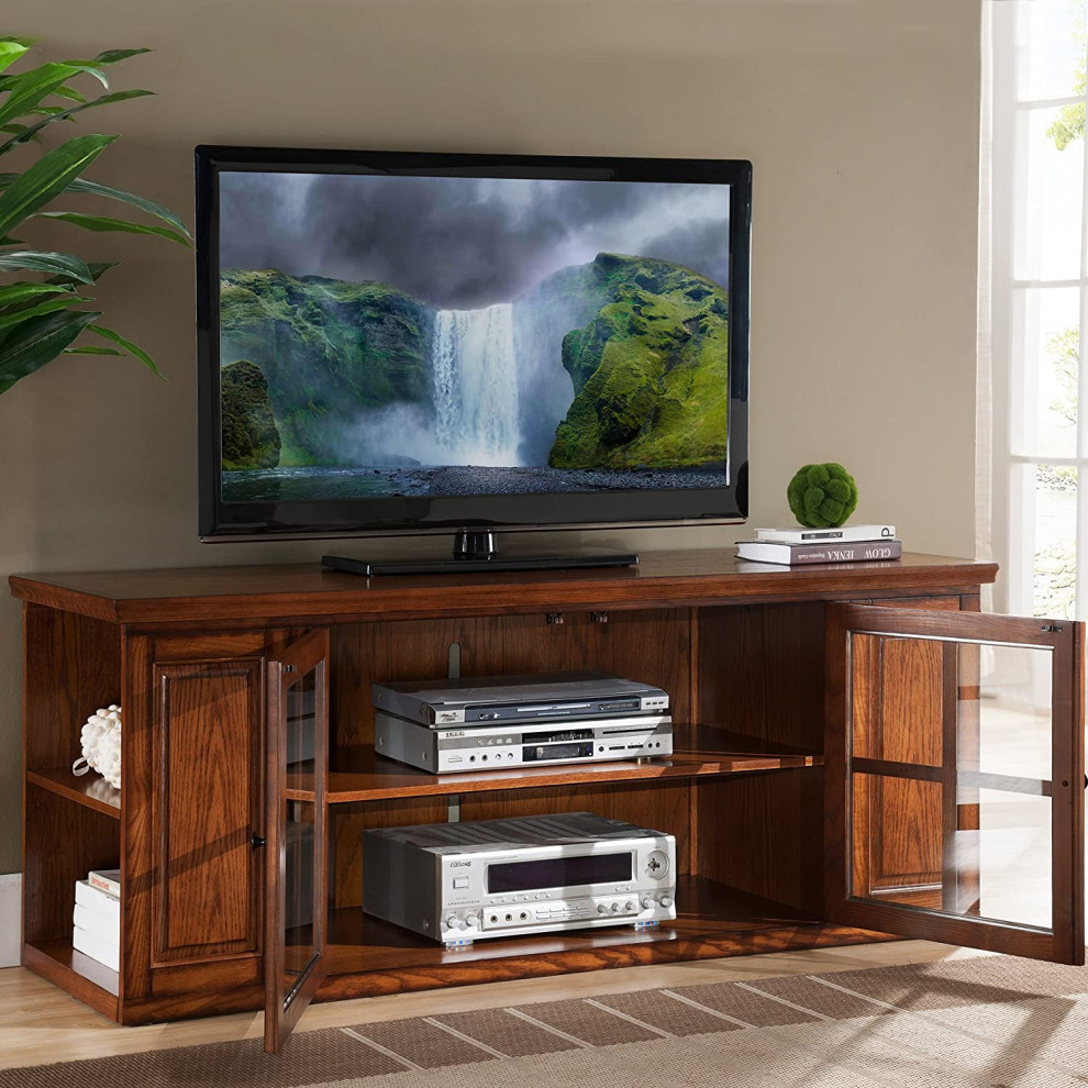 Traditional TV Stand  Side Open Shelves and Glass Door Cabinet  Burnished Oak   Contemporary   Entertainment Centers And Tv Stands   by Decor Love  Houzz