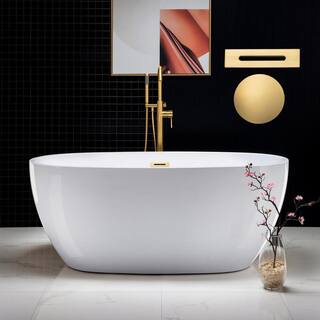 WOODBRIDGE Samantha 59 in. Acrylic FlatBottom Double Ended Bathtub with Brushed Gold Overflow and Drain Included in White HBT5566