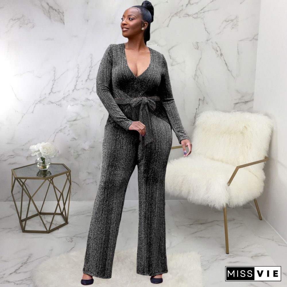 High Stretch Lurex V-neck Low-cut Wide-leg Jumpsuits