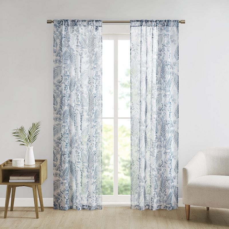 Madison Park Tulia Botanical Printed Texture Sheer 2-Pack Rod Pocket Window Curtain Panels