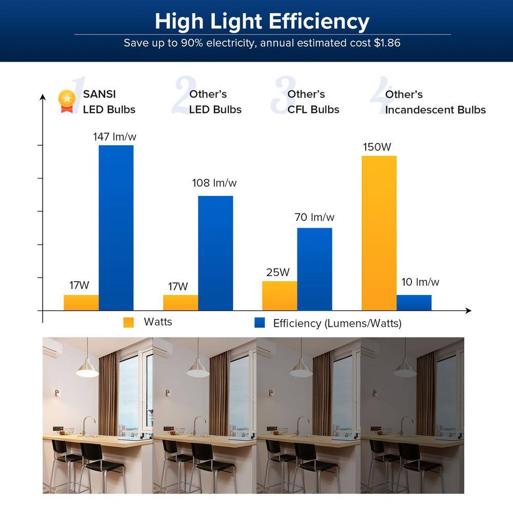 SANSI 150-Watt to 200-Watt Equivalent A19 Dimmable LED Light Bulb in Daylight 5000K (1-Pack) 01-02-001-011750