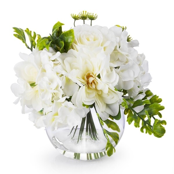 Enova Home Cream Artificial Silk Hydrangea Roses and Peony Mixed Fake Flowers in Round Clear Glass Vase for Home Decoration