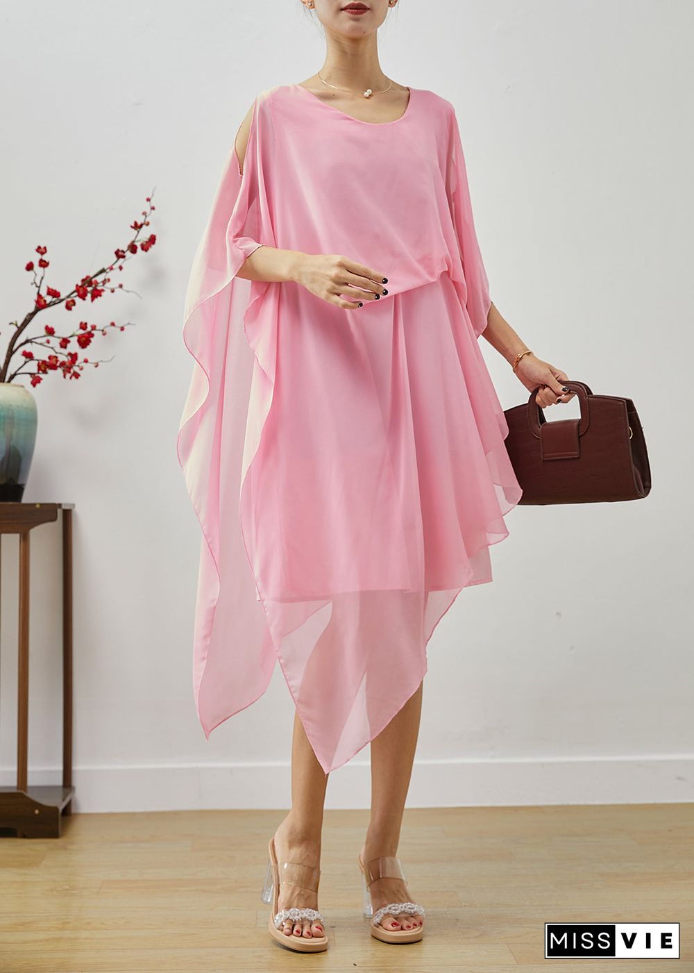 Boho Pink Asymmetrical Cold Shoulder Chiffon Beach Dresses Summer