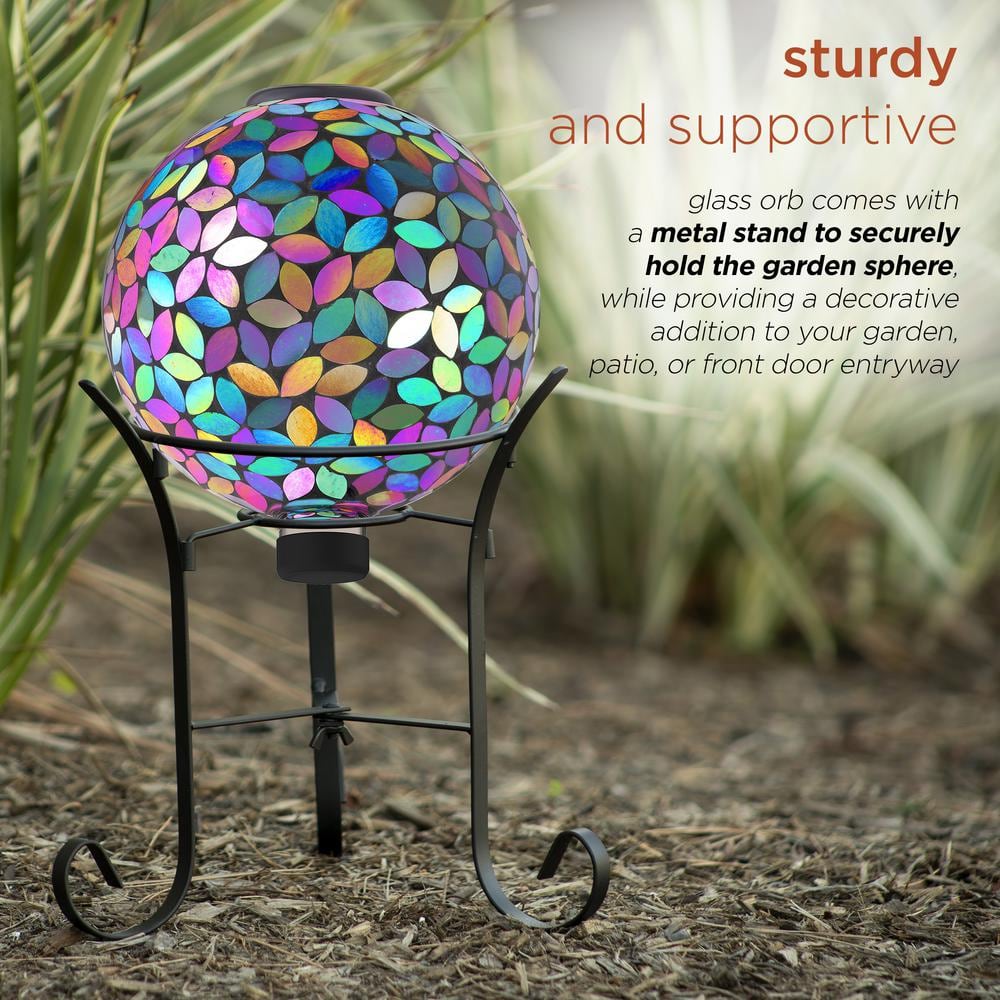 Alpine Corporation Outdoor Solar Powered Glass Mosaic Gazing Globe with Metal Stand Yard Decoration, Purple GRS122A-SLR