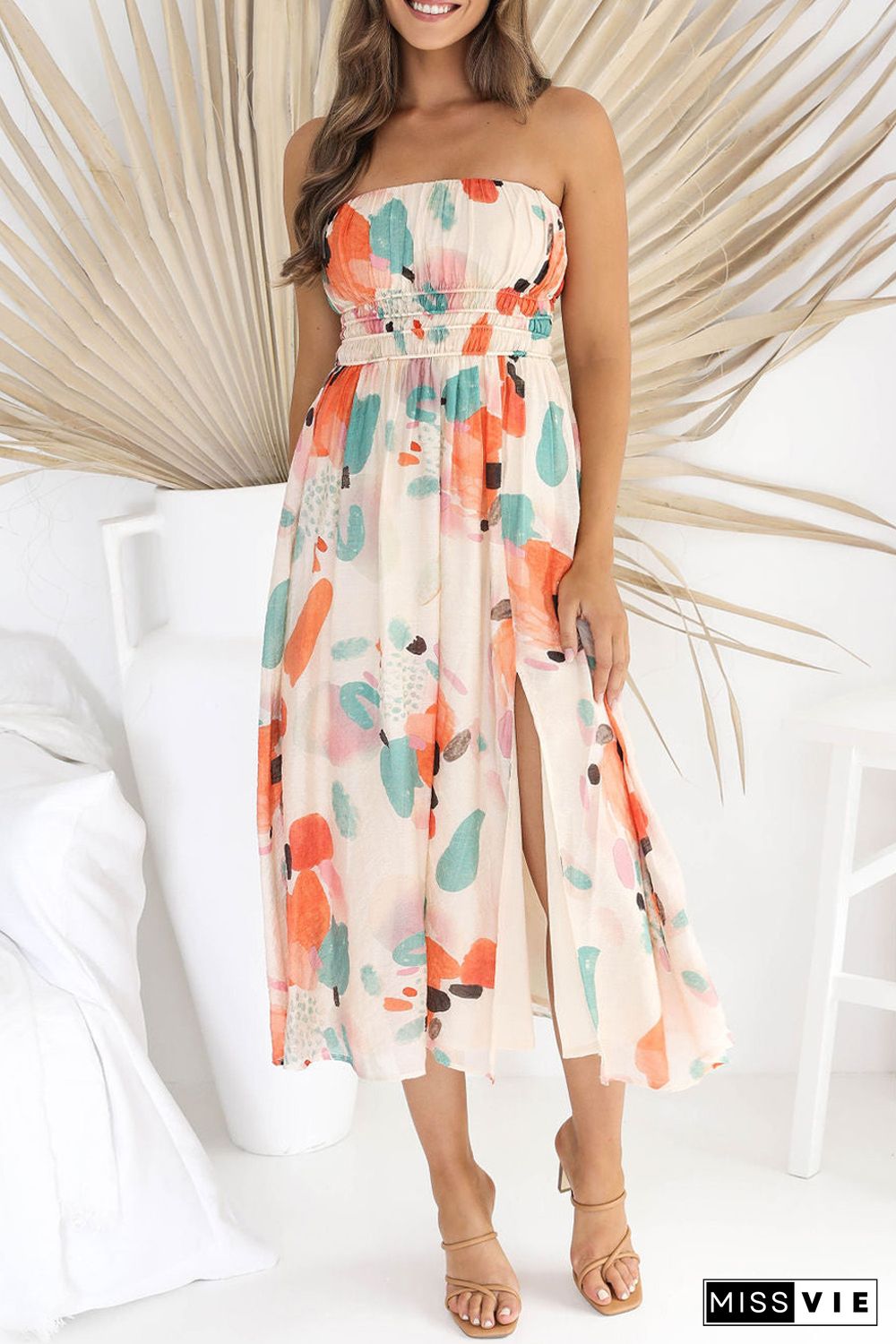 Khaki Strapless Shirred Abstract Print Split Long Dress