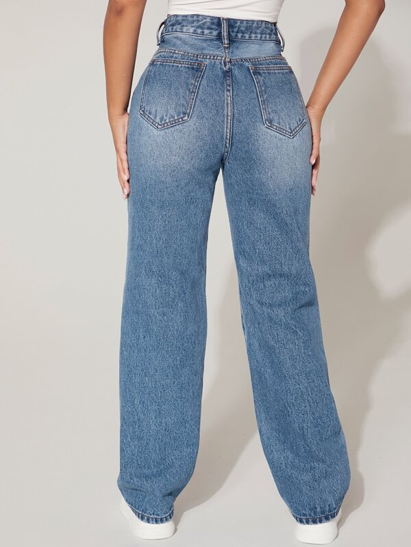 High Waist Cut Out Ripped Frayed Straight Leg Jeans