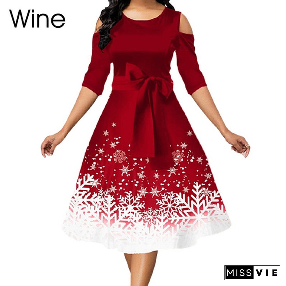 Women Fashion Belted Snowflake Print Christmas Dress Cold Shoulder Round Neck Party Dress Plus Size A-Line Dresses