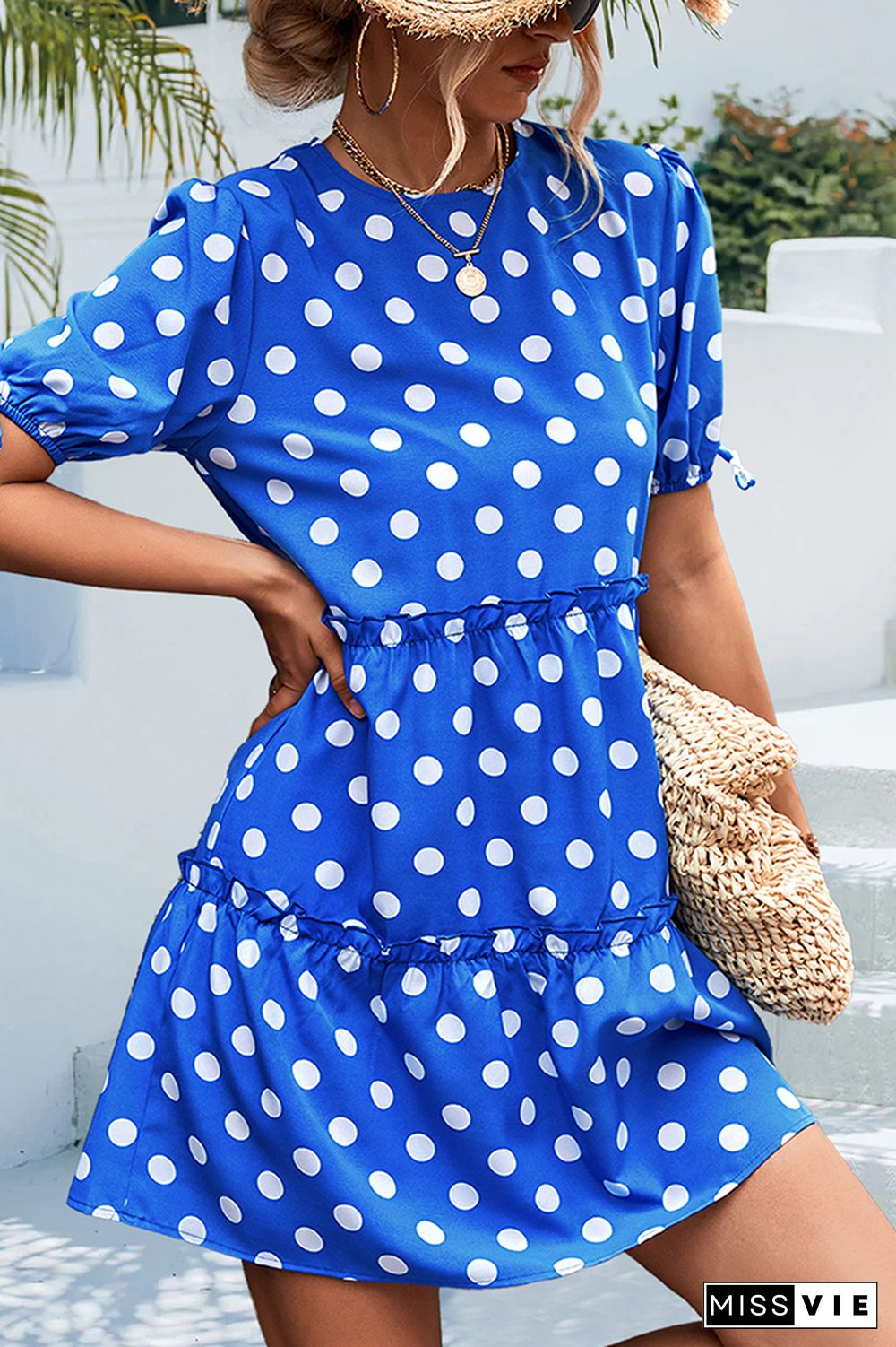 Polkadot Short Sleeves Splicing Ruffle Dress