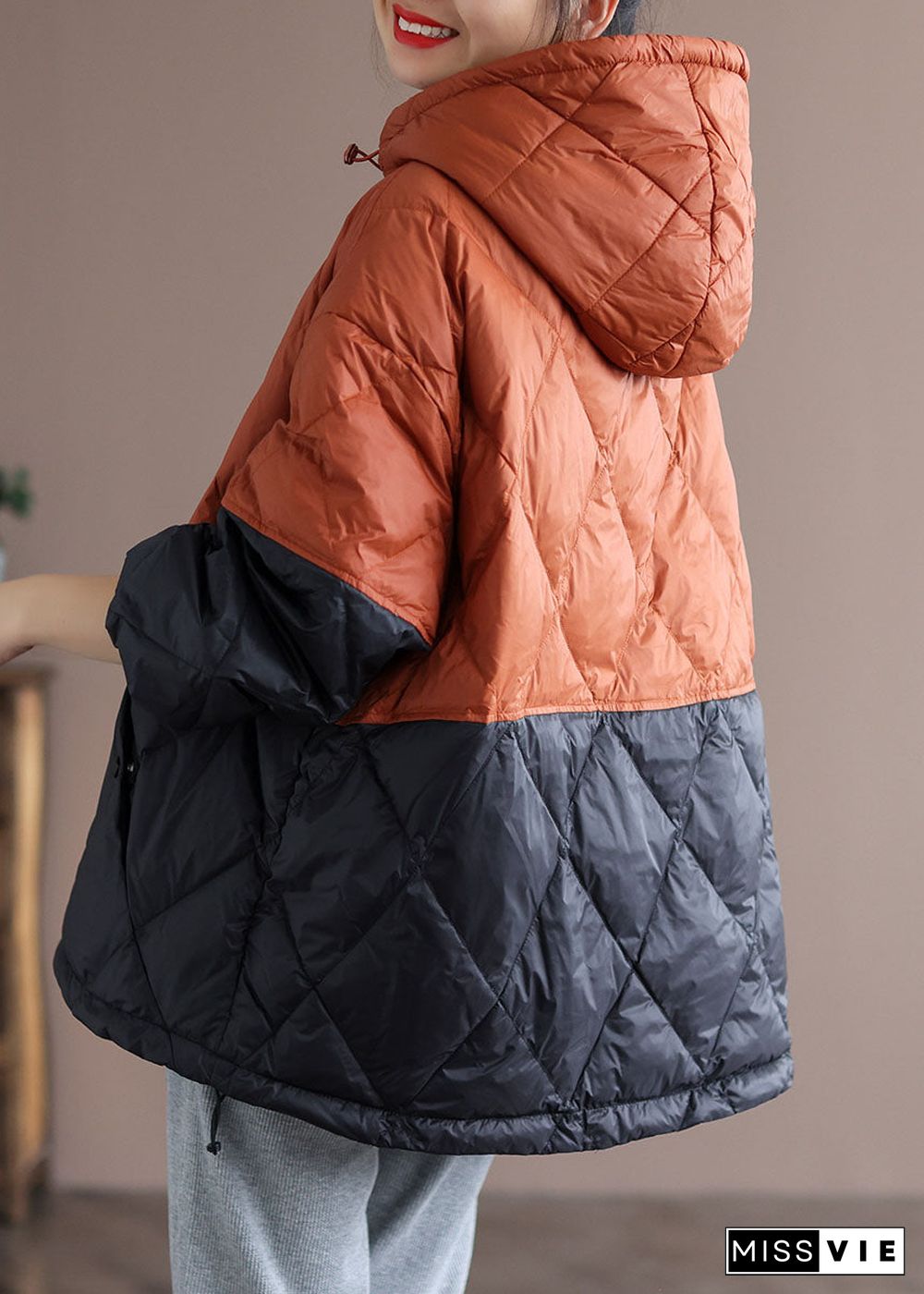 Boho Orange Patchwork Black hooded Loose Winter Down coat