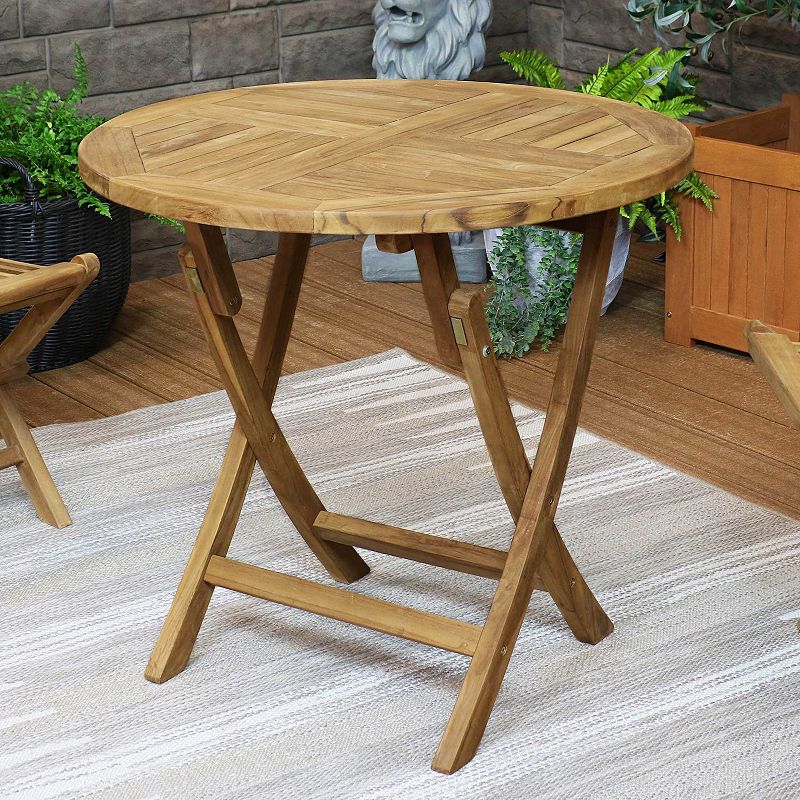 Sunnydaze 32 in Solid Teak Wood Folding Round Patio Dining Table