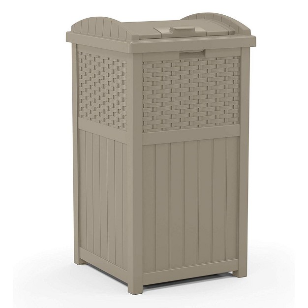 Suncast Wicker Plastic Outdoor Hideaway Trash Can With Sturdy Base amp Latching Lid For Use In Lawn Backyard Deck Or Patio Dark Taupe 2 Pack