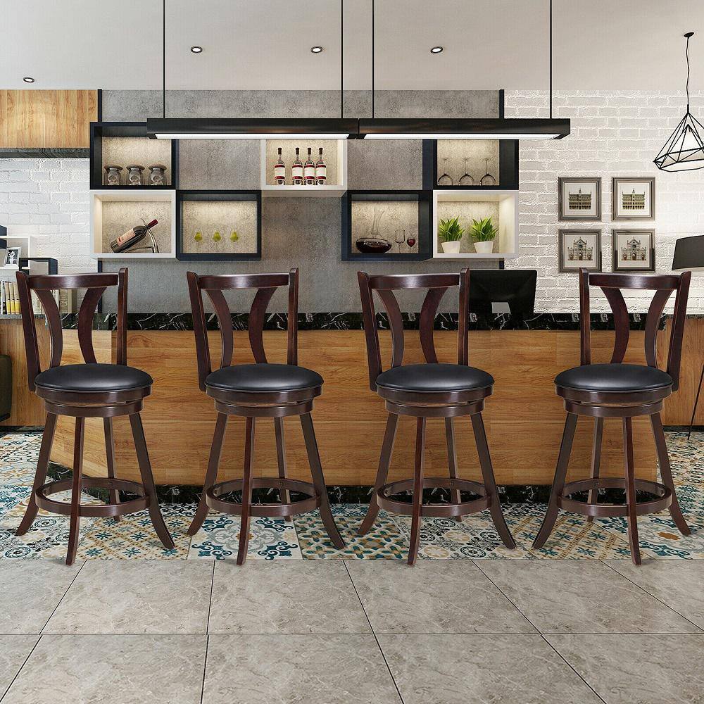 Gymax Swivel Bar Stool 38 in. High Back Wood Counter Height Leather Padded Dining Kitchen Chair (Set of 4) GYM06213