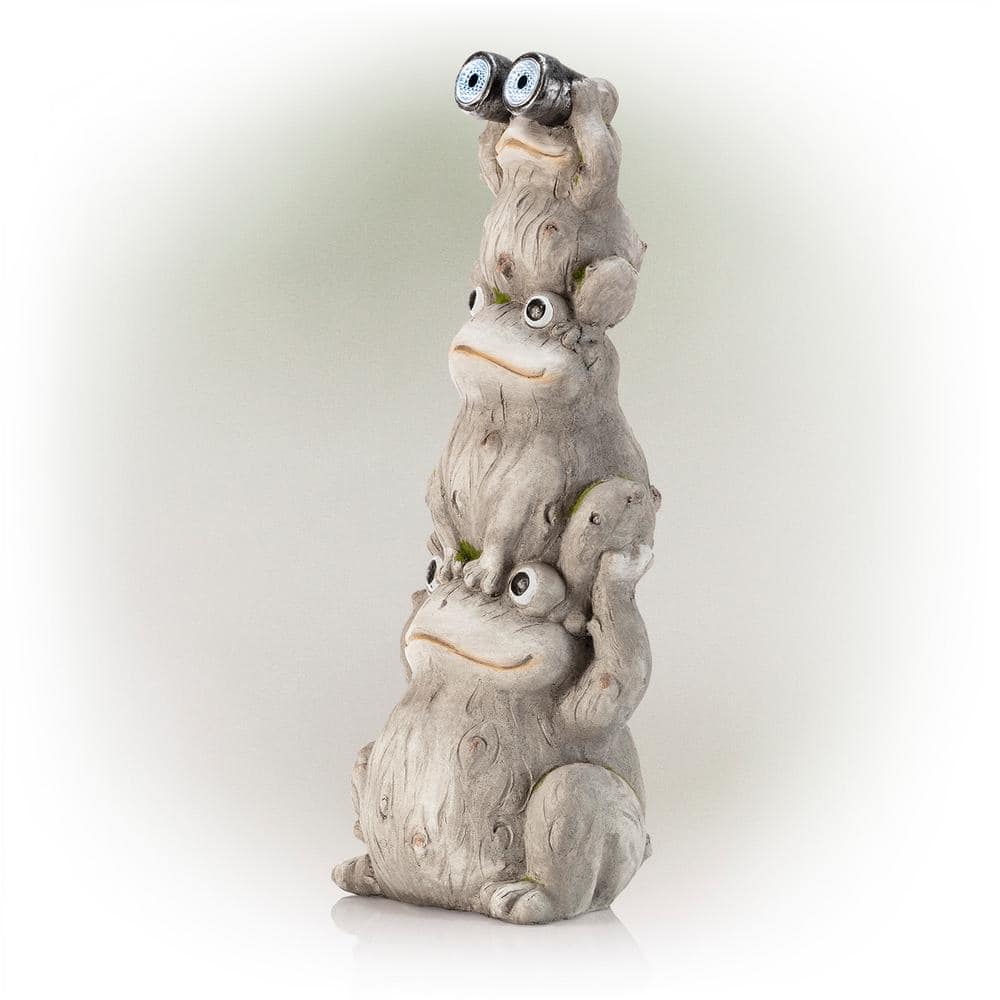 Alpine Corporation 23 in. Tall Outdoor Solar Powered Stacked Frog Family Statue with LED Lights QWR848SLR