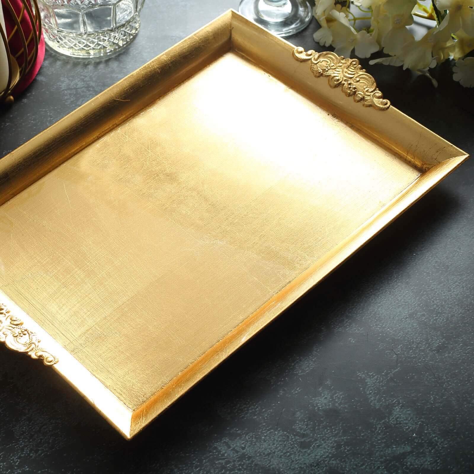 2 Pack Gold Rectangle Decorative Acrylic Serving Trays With Embossed Rims 14