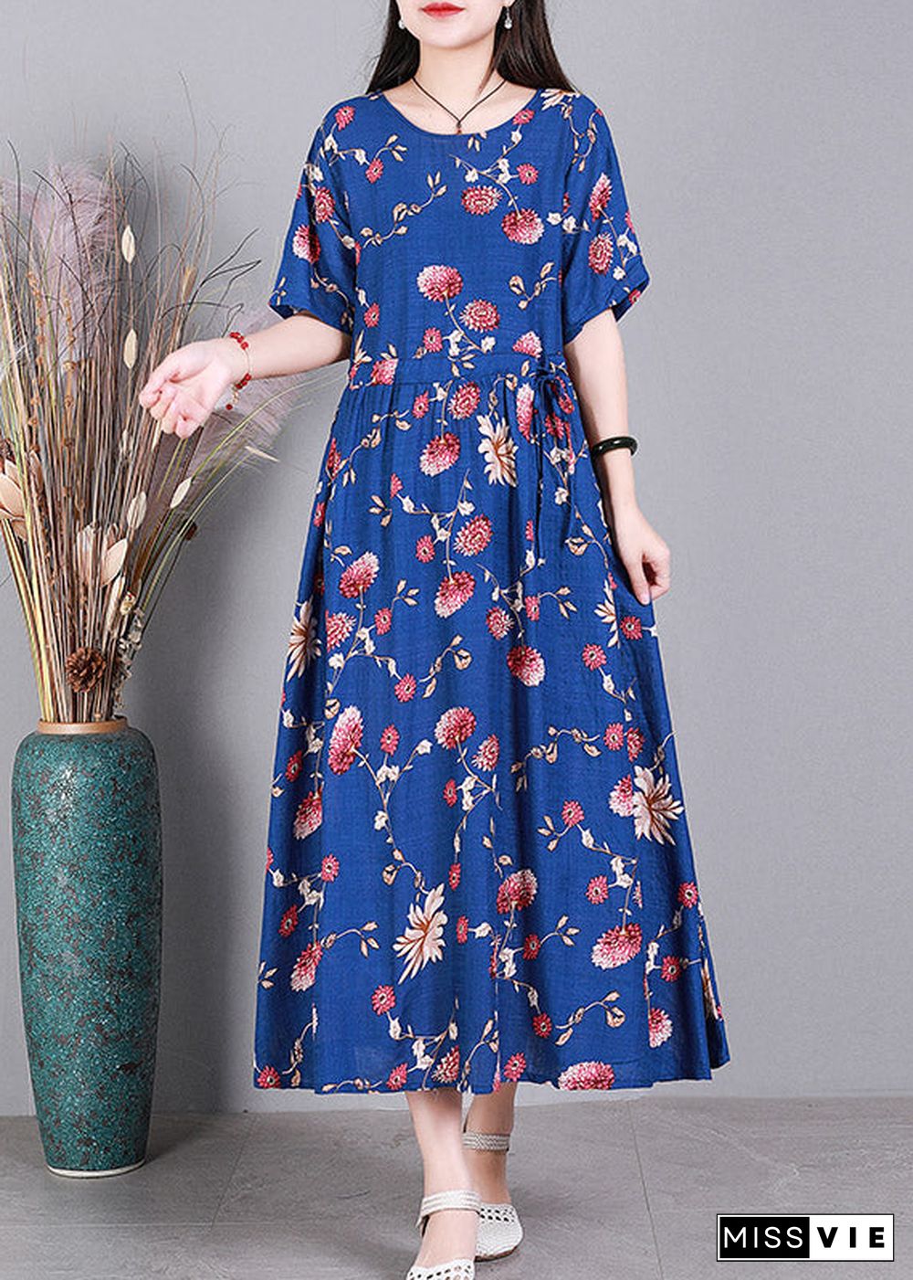 Beach Blue O-Neck Print Drawstring Tie Waist Linen Vacation Dresses Short Sleeve