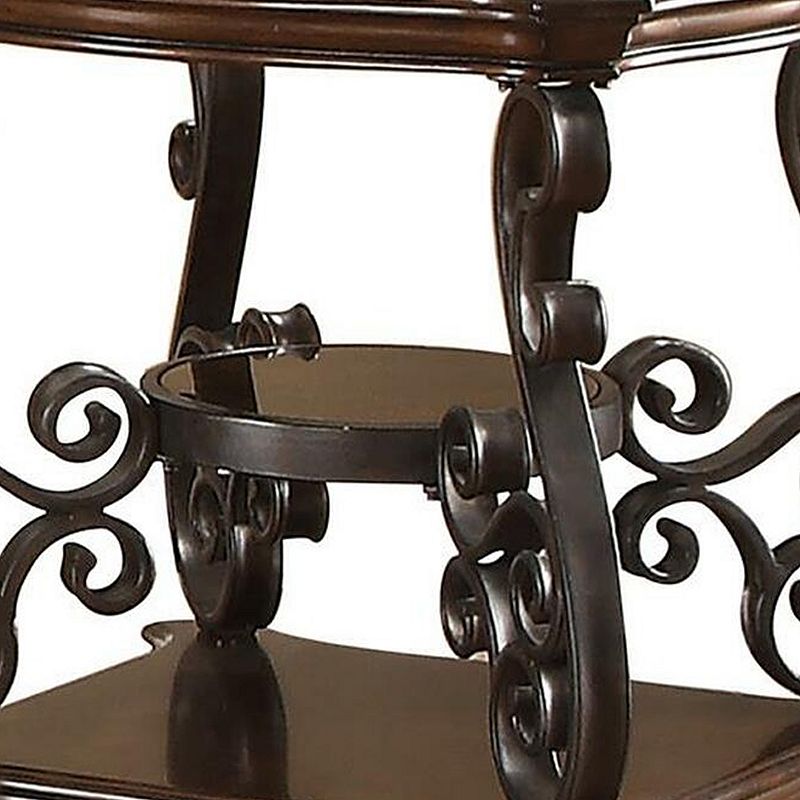 Traditional Solid End Table With Glass Inset， Metal Scrolls and 2 Shelves， Brown