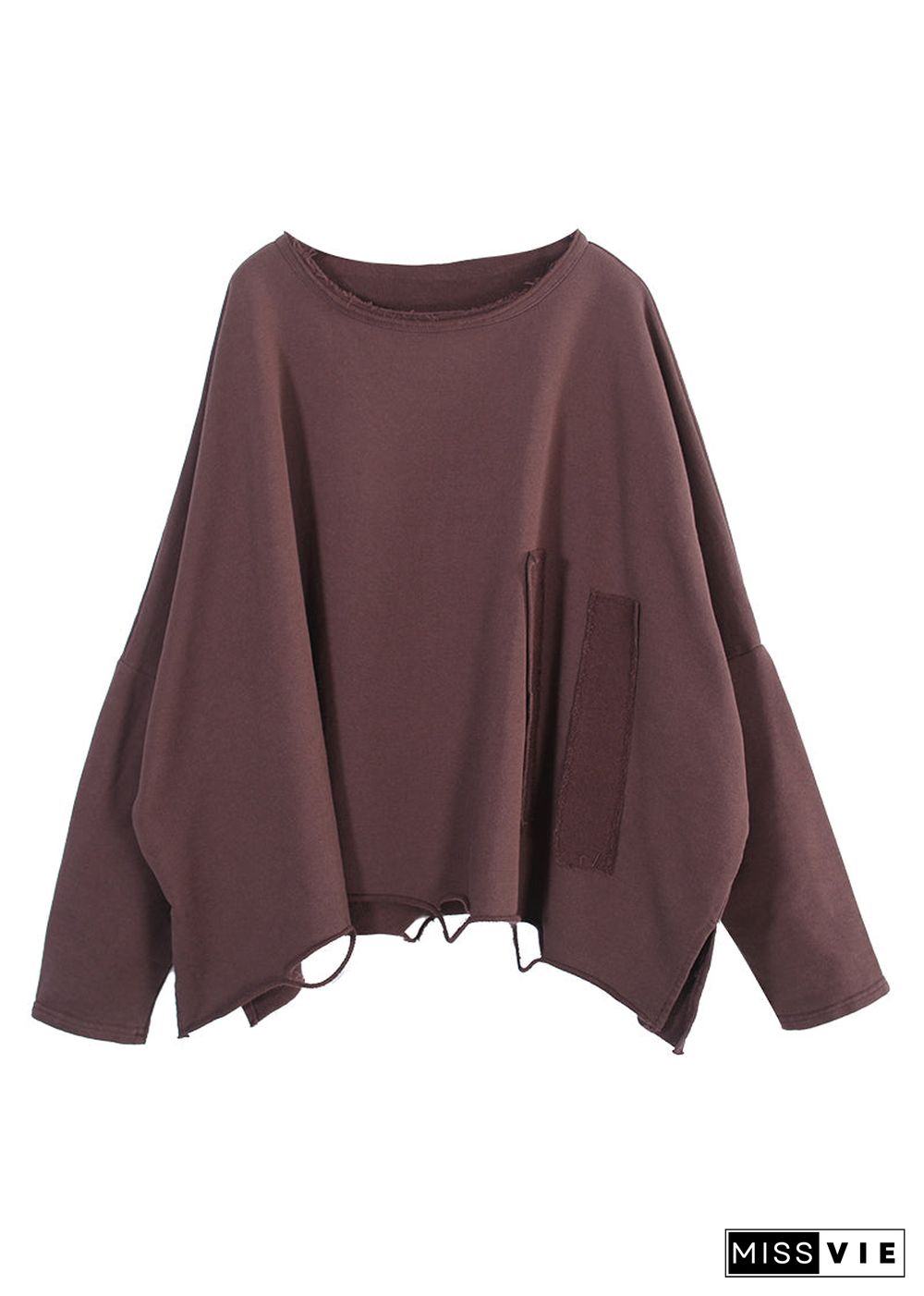 Plus Size Chocolate O-Neck Side Open Sweatshirt Fall