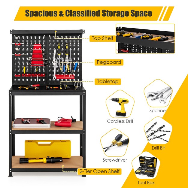 Costway Tool Storage Workbench 4 Shelf Multipurpose Garage Worktable W peg Board Hook Kit