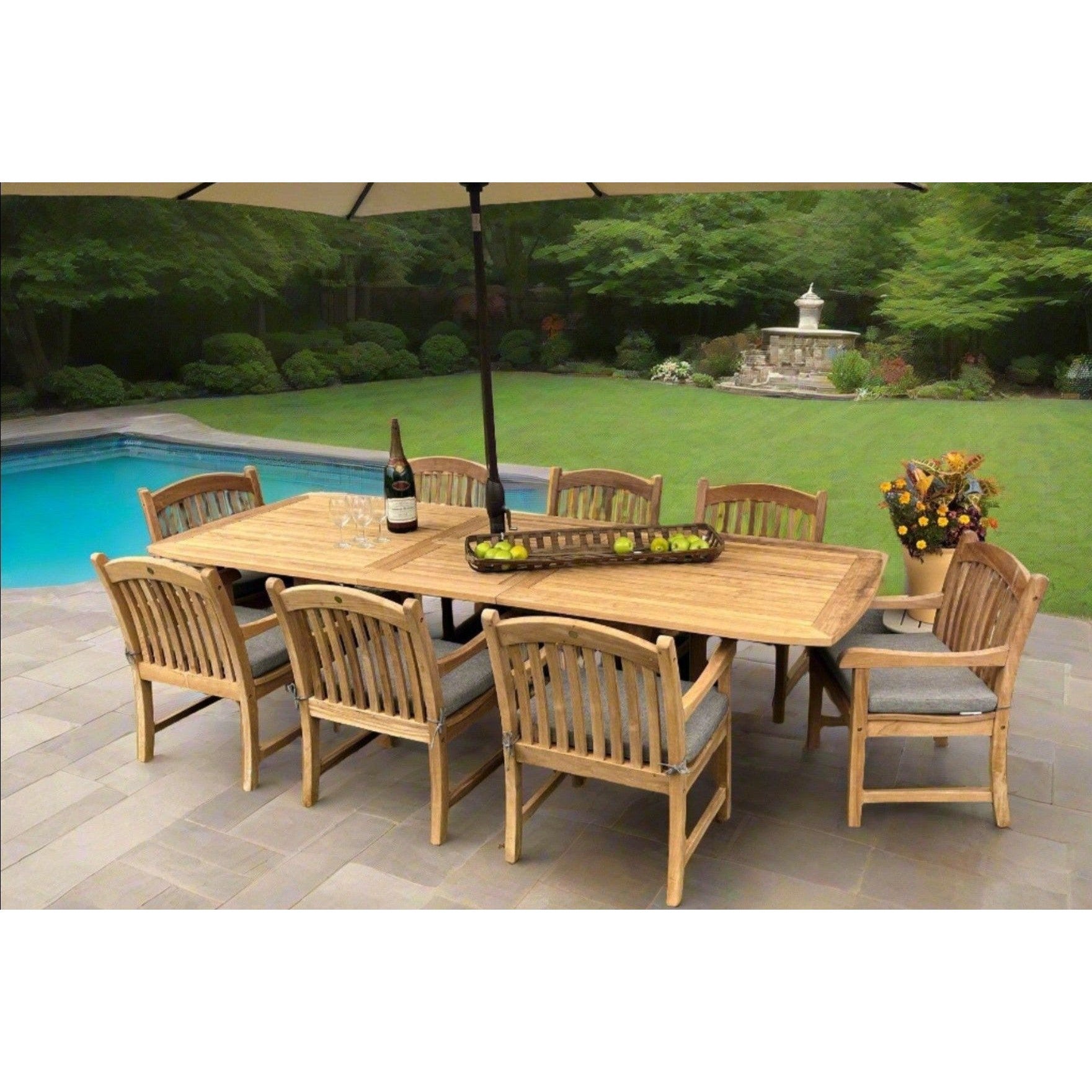 Yacht Teak Banquet 96-118 Rectangular Extendable 9pc Outdoor Dining Set with 8 Tista Armchairs