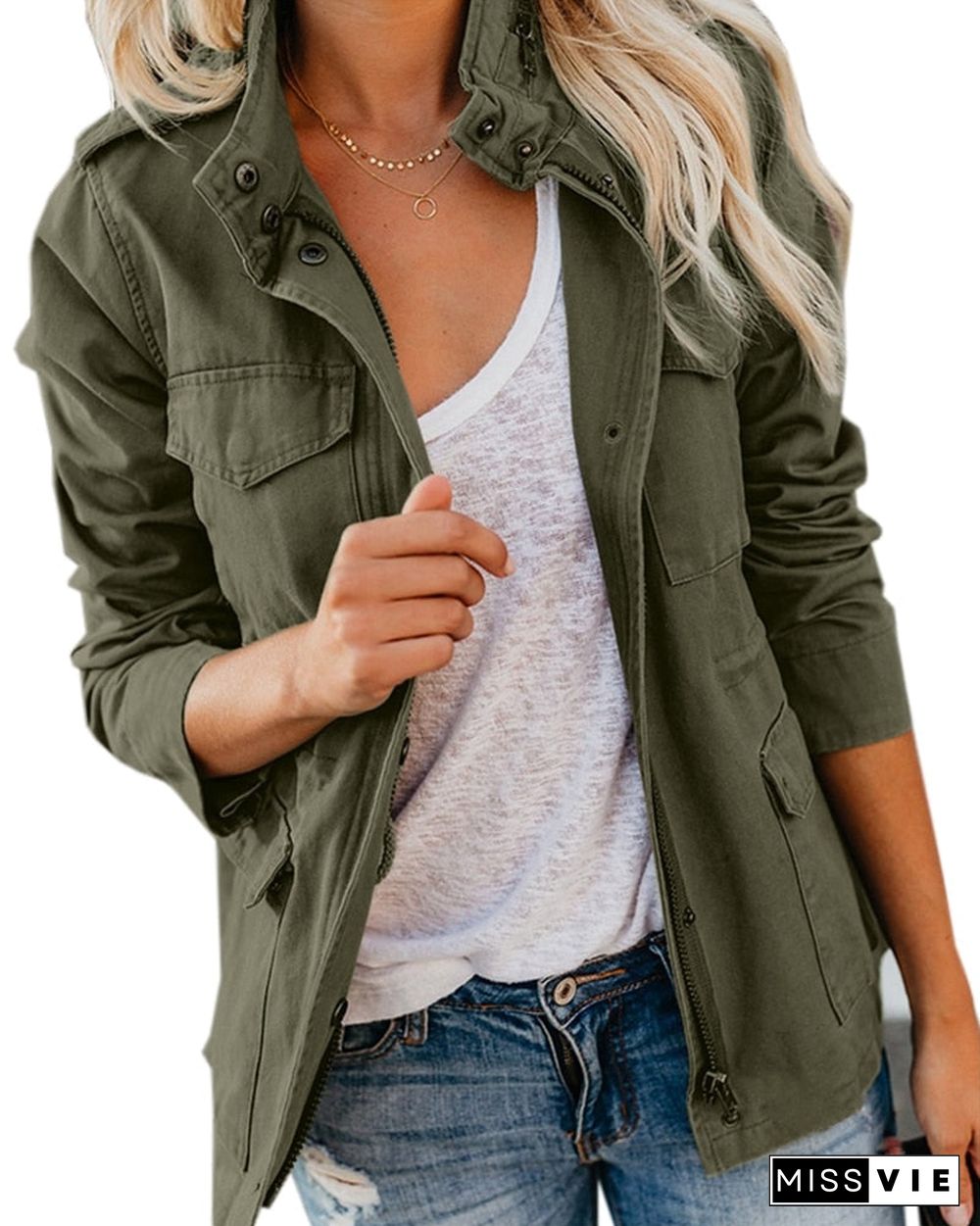 Women's Spring Jacket Zip Up Outerwear Female Clothes Streetwear Autumn Coat Stand Collar Windbreaker Green Military Jackets