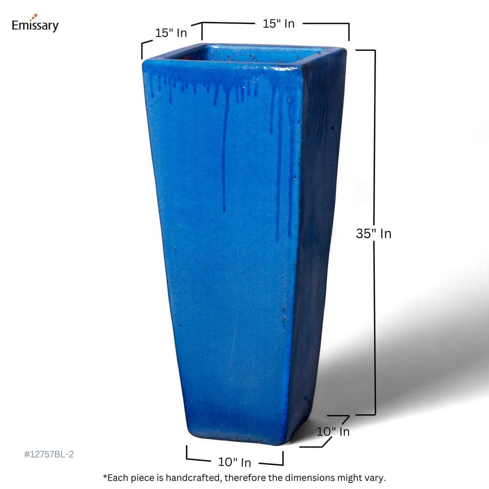 Emissary Tall 15 in. L x 35 in. H Blue Ceramic Square Planter with Drainage Hole 12757BL-2