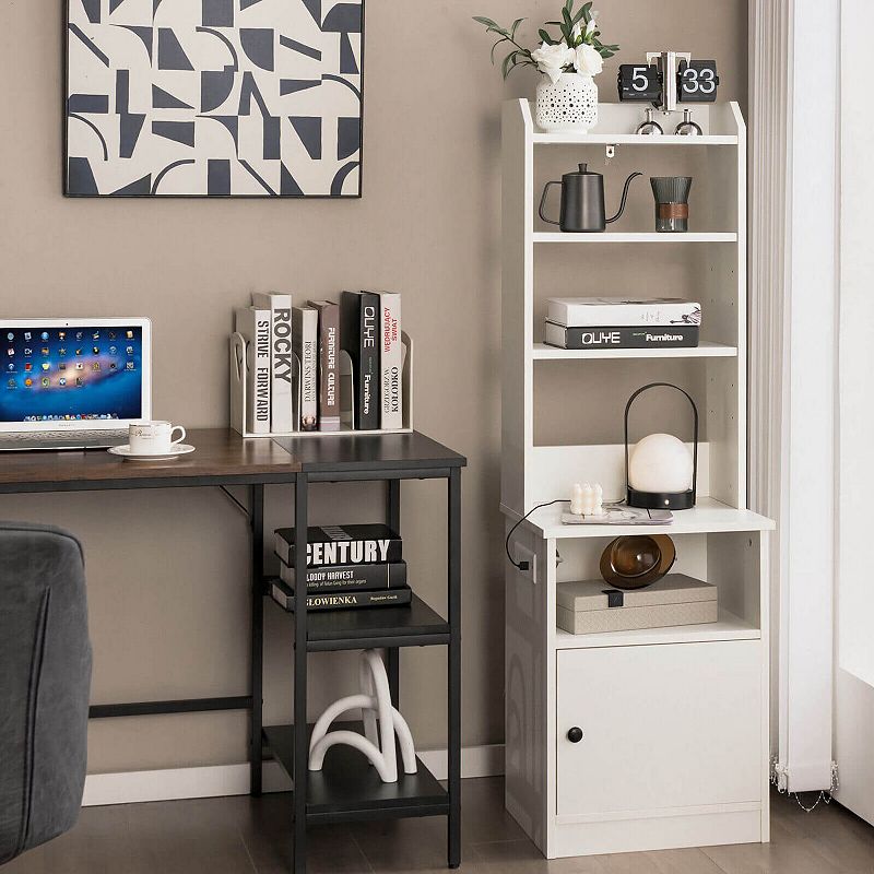 6-Tier Bookshelf with Charging Station and Cabinet