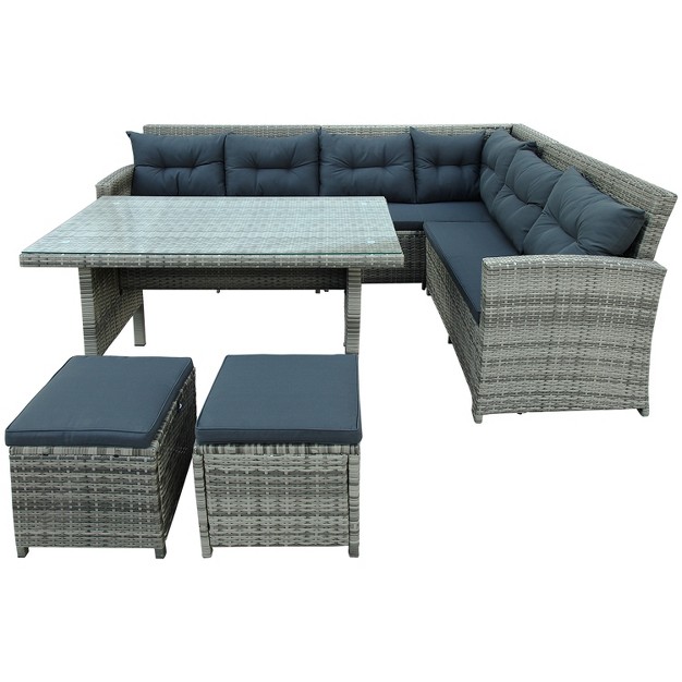 6 piece Outdoor Patio Sectional Sofa With Glass Table And Ottoman For Pool Backyard Lawn Modernluxe