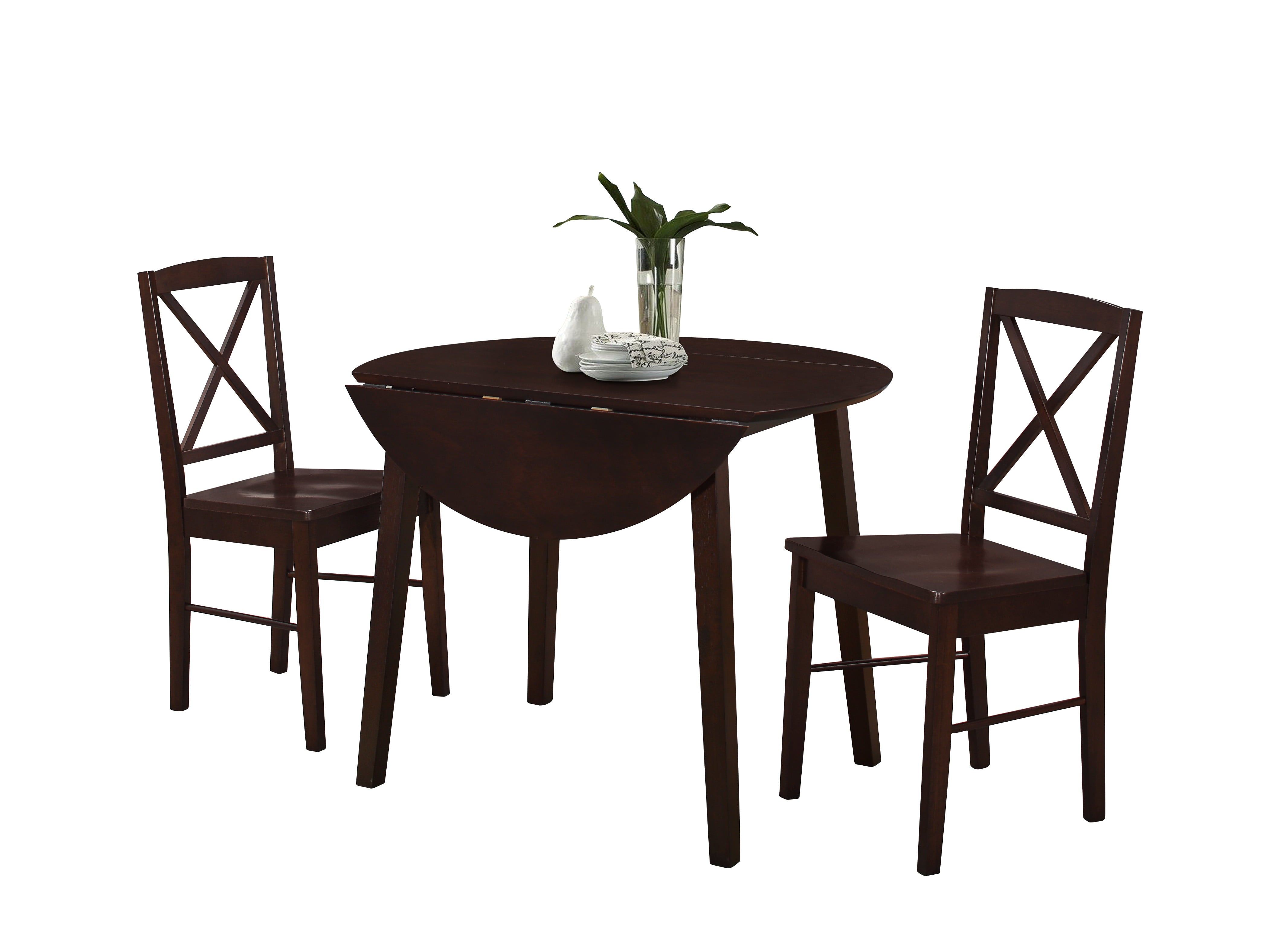 3 Piece Cappuccino Wood Round Kitchen Dinette Drop Leaf Dining Table & 2 Side Chairs Set