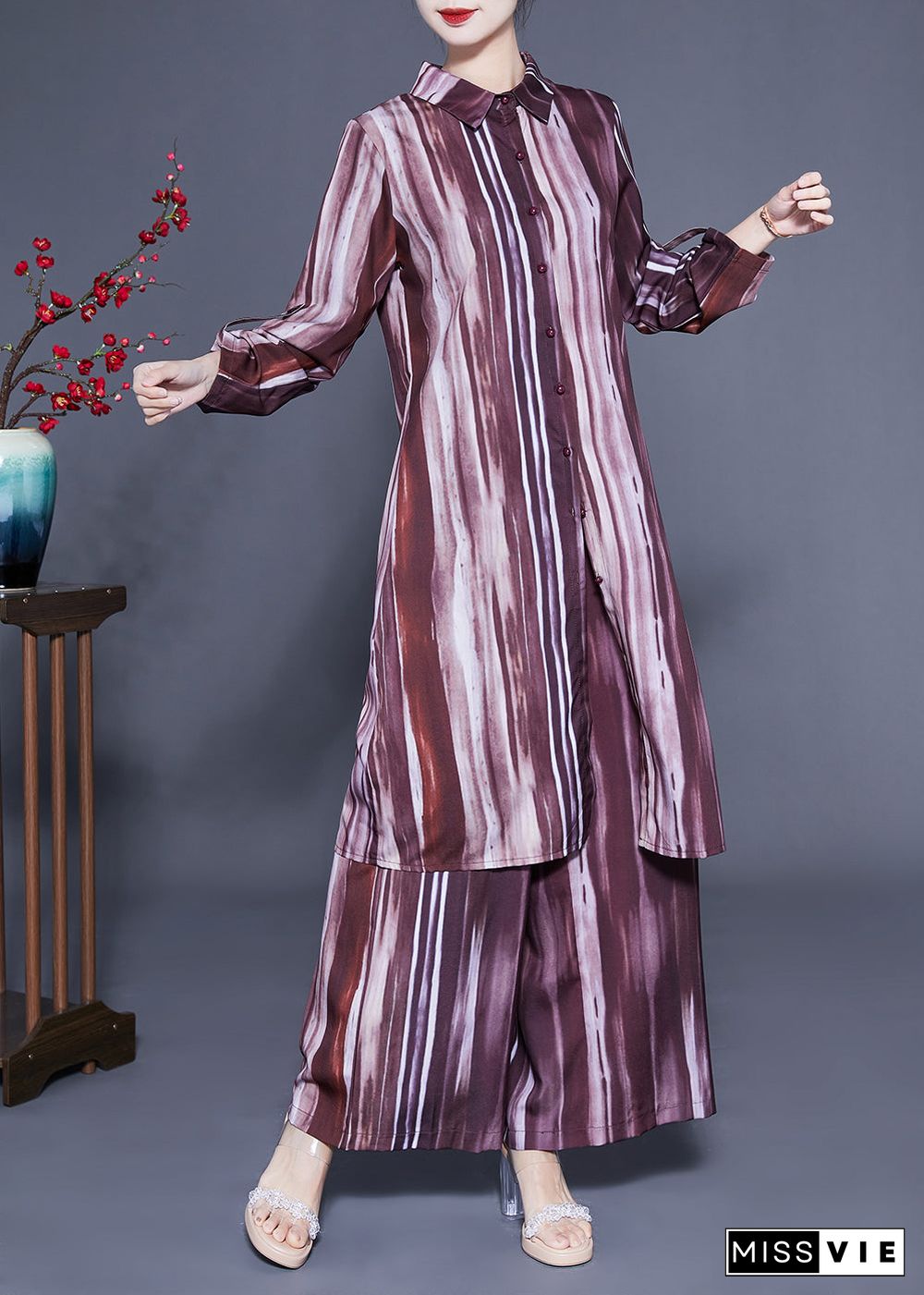 Plus Size Brown Peter Pan Collar Tie Dye Silk Long Shirt And Straight Pants Two Pieces Set Spring