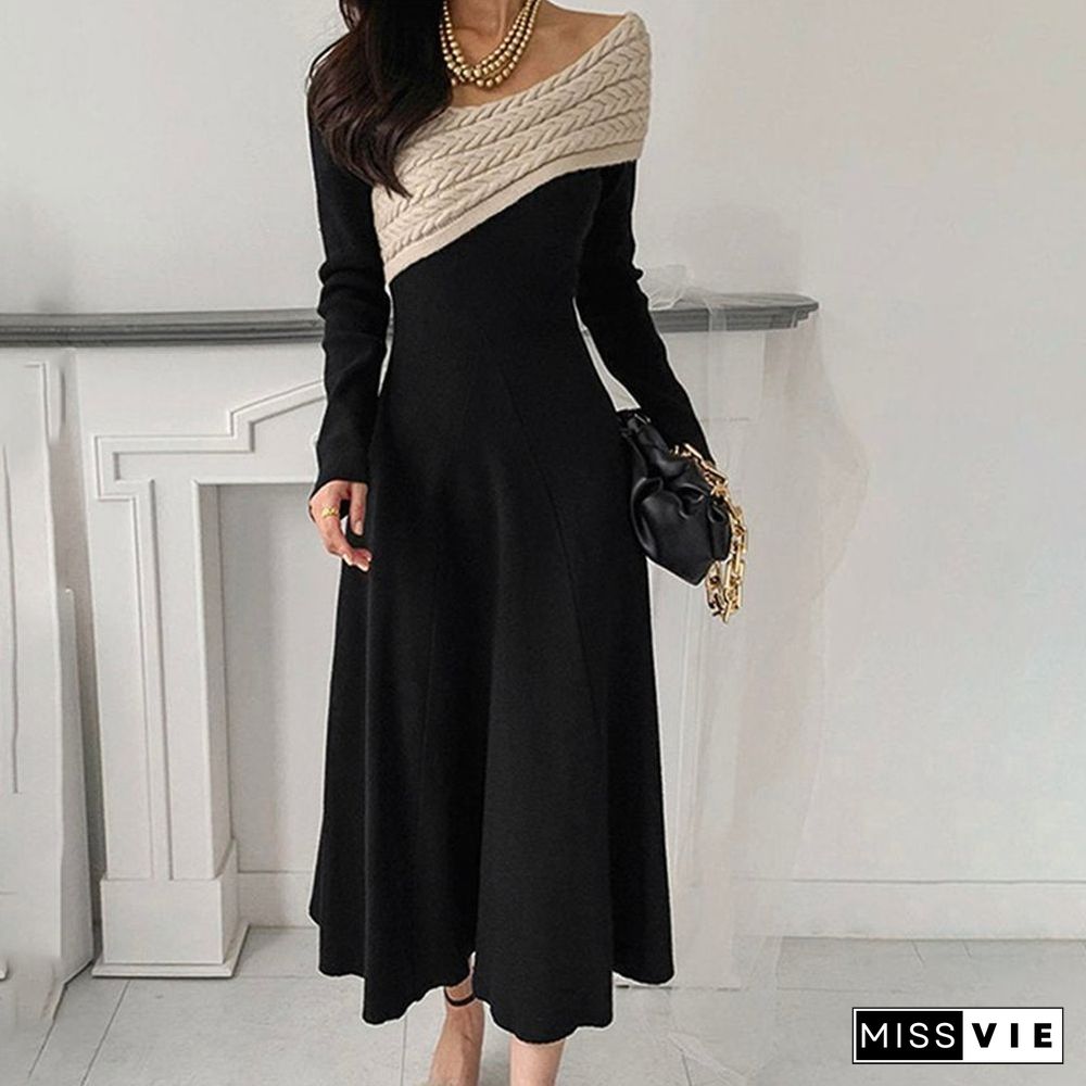 Chic Long Sleeve Black Midi Dress