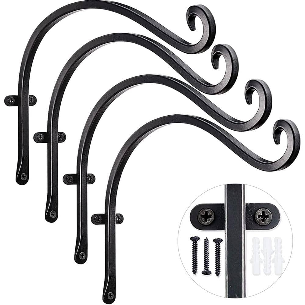 Cubilan 12 in. Hanging Plant Hanger Outdoor Metal Bird Feeder Wall Hooks Black Plant Bracket Hook (4-Pieces) B07XDR5TL1